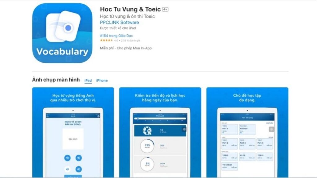 App học từ vựng TOEIC qua flashcard, tra từ điển và nghe từ trong ngữ cảnh